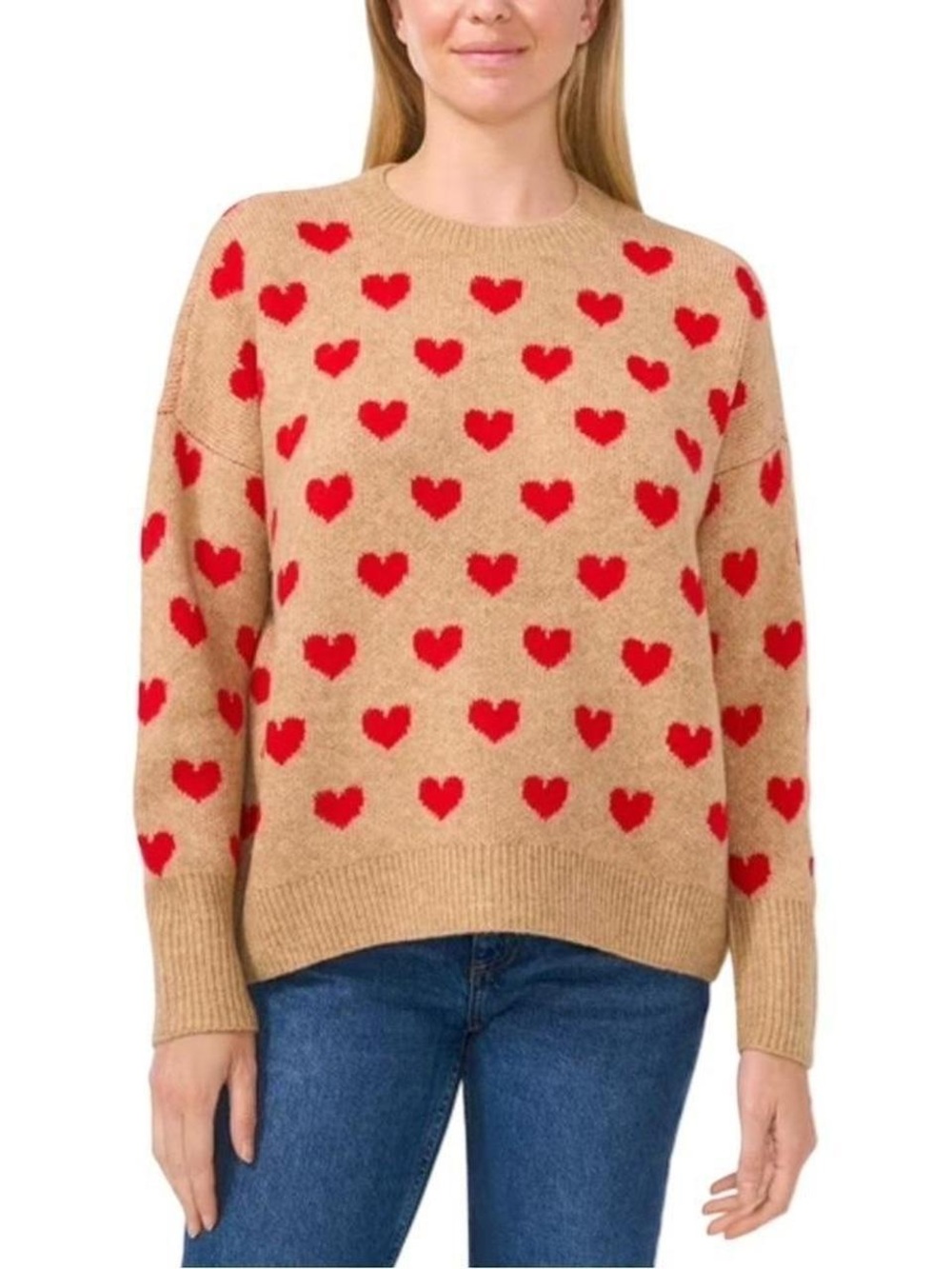NWT Vince Camuto Tan Crewneck Sweater with Red Heart Pattern